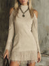 Brown High-neck Off-shoulder Tassel Faux Suede Long-sleeved Mini Dress