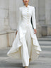 Urban Elegant Buttoned Plain Stand Collar Coat & Wide‑Leg Pants 2‑Piece Suit