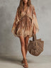 Sand printed V-neck batwing-sleeve soft pleated mini dress