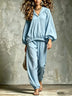 Loose V-Neck Lantern Sleeve Casual Chic Trouser Set