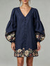 Navy V-neck lantern-sleeve floral print cotton-linen mini dress