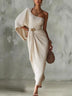 Asymmetrical One Shoulder Pleated Maxi Dress, Draped Batwing Sleeve Evening Dress