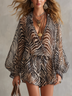 Animal Zebra Print Chiffon Lantern Sleeve Top And Shorts Set