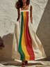 Retro Strapless Square Neck Rainbow Striped Maxi Dress With Pockets