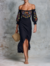 Women’s Off‑Shoulder Puff Sleeve Floral Embroidered Black Midi Dress