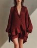Women's Minimalist Solid Red Cotton-Linen Blend Shirt Collar Lantern Sleeves Ruffle Mini Dress