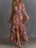Boho Floral Deep V Bell Sleeve High-Low Ruffle Maxi Dress