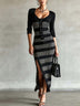 Black Horizontal Stripe Ribbed Knit Front Slit Bodycon Maxi Dress