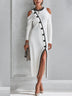 White Asymmetric Button-Trim Cold-Shoulder Ribbed Midi Dress