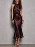 Elegant A Draped Lace Inserts Neckline Satin Mermaid Maxi Dress
