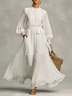 White Lantern Sleeve Self-Tie Bowknot Belt Chiffon Maxi Dress