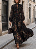 Black Elegance Long Sleeves Floral Print Pleated Maxi Dress