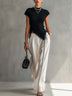 Black Ribbed Knit Top And White Wide Leg Pants Set With Contrast Trim