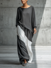 Dark Gray Oversized Boat Neck Long Sleeve Blouse & Diagonal Color Block Skirt Two-Piece Set
