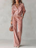 Pink Corduroy Two‑Piece Outfit, Lace Embroidered Shirt & High Waist Wide Leg Pants Set