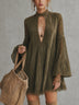 Olive Green Faux Suede Deep V Lace Flare Sleeve Mini Dress