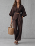Women Brown V-Neck Tie Belt Kimono Top Wide Leg Pants Set