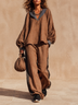 Vintage Striped V-Neck Collar Long Puff Sleeve Brown Linen Matching Set