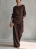 Brown Linen Blend Boat Neck Top & Wide Leg Pants 2 Piece Outfit Set