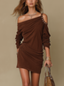 Vintage Brown Suede Asymmetric Off Shoulder Ruched Mini Dress