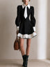Women Black White Contrast Collar Tie Lantern Sleeve Ruffle Hem A‑Line Mini Dress