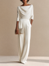 Women's Elegant Draped Boat-Neck Long-Sleeve Top & High-Waisted Wide-Leg Trouser Set