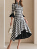 Women Black White Plaid Stand Collar Flare Sleeve Irregular Hem Pleated Inner Layer Office Dress