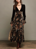 Vintage Elegant Black Velvet Deep V Neck Floral Panel Maxi Dress