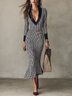 Black White Plaid Deep V‑Neck Mermaid Midi Dress