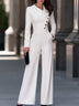 White Asymmetric Lapel Long‑Sleeve High‑Waist Wide‑Leg Business Buttons Jumpsuit