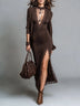 Dark Brown Lace Trim Deep V‑Neck Slit Midi Dress + Long Sleeve Draped Open Cardigan Two‑Piece Set