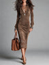 Vintage Brown Velvet Collared Half‑Button Long Sleeve With Floral Lace Embroidered Midi Bodycon Dress