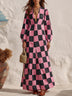 Pink Black Checkerboard Deep V Faux Suede Maxi Dress