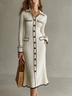 Refined Ivory Long Sleeve Shirt Collar Button‑Front Ribbed Knit Midi Dress