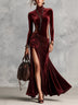 Burgundy Velvet Turtleneck Long Sleeve Side Mesh Cutout High Slit Evening Gown With 3D Floral Mermaid Maxi Dress