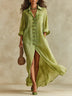 Crinkled Linen Blend Buttons Loose Long Caftan Dress With Pockets Maxi Shirt Dress