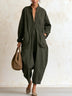 Oversized Linen Cotton Stand Collar Half Button Loose Drop Crotch Harem Big Pockets Blend Jumpsuit