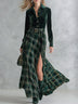 Green Velvet Shirt And Plaid High Slit Maxi Dress Set With Belt