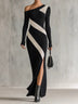Asymmetrical Off Shoulder Color Block Ribbed Knit Maxi Dress