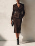 Dark Brown Suede Texture Belted Blazer Midi Skirt Two Piece Set