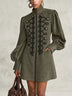 Olive Green Braided Embroidery Zip Front Lantern Sleeve Mini Dress