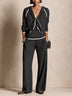Dark Gray Contrast White Trim Knit Hooded Top Wide Leg Pants Set