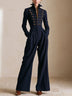 Navy Blue Military Style Stand Collar Button Wide Leg Jumpsuit