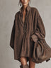 Vintage Brown Faux Suede Striped Shirt Collar Oversized Mini Dress