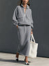 Grey Half Zip Pocket Sweatshirt Drawstring Midi Skirt Two Piece