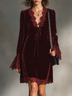 Burgundy Velvet Lace-Trim Bell Sleeve Mini Dress