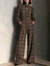 Retro Plaid Stand-Collar Long-Sleeve Wide-Leg Jumpsuit