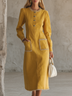 Elegant Round Neck Mustard Yellow Lace Trim Midi Dress With Button Front Patch Pocket