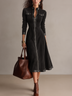 Vintage Black Stand Collar Leather Patchwork Zip-Up Midi Dress