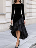 Black Velvet Satin Asymmetrical Ruffle High Low Midi Dress